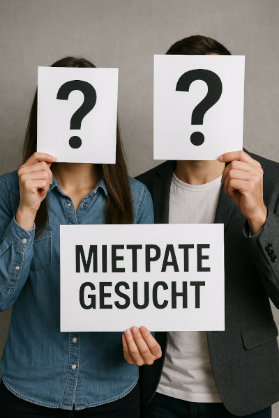 2 Menschen mit Fragezeichen vor dem Gesicht, die ein Schild mit der Aufschrift Mietpate gesucht halten